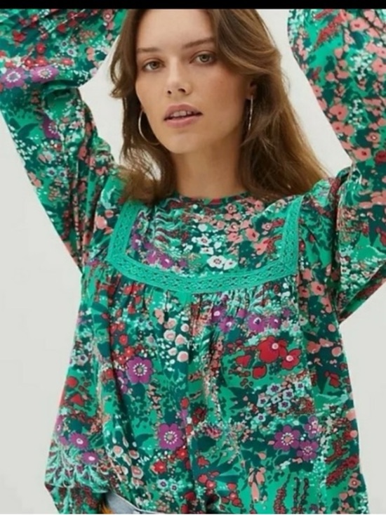In 🔜 Banjanan Cassandra Green Multicolor Floral Long-Sleeve Blouse M - Picture 3 of 4